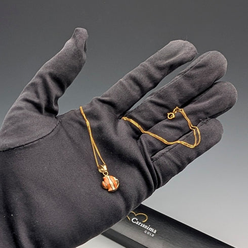 British Vintage 9ct Gold Enamel Fish Pendant with 9ct Gold Chain and Carissima Case